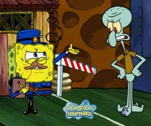 Rompicapo di SpongeBob vestito come un poliziotto chiede un pass per Squiddi Tentacolo