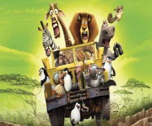 Rompicapo di Alex il Leone guida di una jeep con i suoi amici Gloria, Melman, Marty e altri protagonisti delle avventure