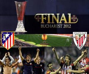 Rompicapo di Atletico Madrid vs Athletic Bilbao. Finale Europa League 2011-2012 nello stadio nazionale a Bucarest, Romania