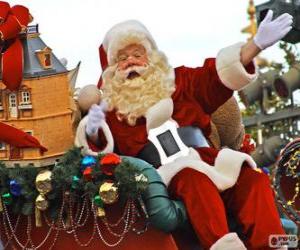 Rompicapo di Babbo Natale che saluta con la mano dalla magica slitta carica di doni