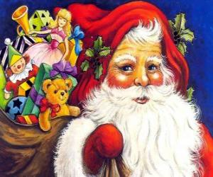 Rompicapo di Babbo Natale con un grande sacco pieno di giocattoli per dare ai bambini a Natale
