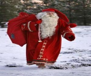 Rompicapo di Babbo Natale porta la grande sacco di regali di Natale nel bosco
