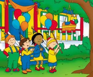 Rompicapo di Caillou cercando di rompere il pinata ad una festa con i suoi amici