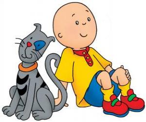 Rompicapo di Caillou seduto sul pavimento con il suo gatto Gilbert