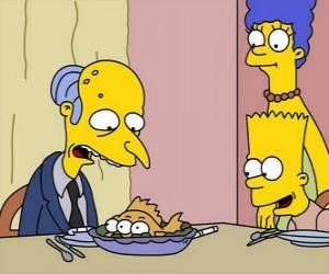 Rompicapo di Charles Montgomery Burns sguardo perplesso tre occhi di pesce che servono loro da mangiare Marge e Bart