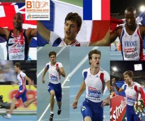 Rompicapo di Christophe Lemaitre 100m campione Mark Lewis-Francis e Martial Mbandjock (2 ° e 3 °) di atletica leggera Campionati europei di Barcellona 2010