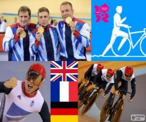 Rompicapo di Ciclismo pista velocità per squadre maschili, Regno Unito, Francia e Germania - Londra 2012 - podio