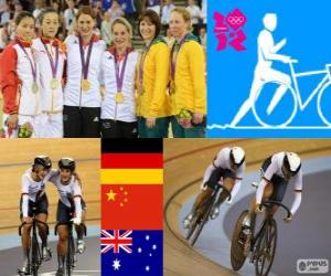 Rompicapo di Ciclismo velocità pista per squadre femminili, Kristina Vogel, Miriam Welte (Germania), Jinjie Gong, Shuang Guo (Cina) e Kaarle McCulloch, Anna Meares (Australia) - Londra 2012 - podio