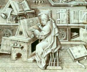 Rompicapo di Copista monaci che lavorano con penna e inchiostro su pergamena o carta nel scriptorium