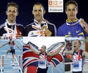 Rompicapo di David Greene campione 400m ostacoli, Rhys Williams e Stanislav Melnykov (2 ° e 3 °) di atletica leggera Campionati europei di Barcellona 2010