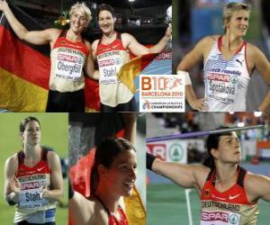 Rompicapo di giavellotto Linda Stahl campione, Christina Obergföll e Barbora Spotakova (2 ° e 3 °) di atletica leggera Campionati europei di Barcellona 2010