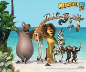 Rompicapo di Gloria l'ippopotamo, Melman la giraffa, Alex il leone, Marty la zebra con gli altri protagonisti delle avventure