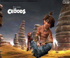 Rompicapo di Guy, un adolescente spiritoso che mostra un nuovo mondo alla famiglia Croods