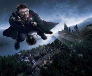 Rompicapo di Harry Potter battenti con la sua scopa magica