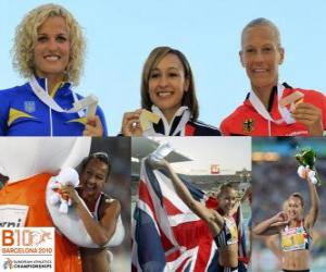 Rompicapo di Heptathlon Jessica Ennis campione, Natalia Dobrinska e Jennifer Oeser (2 ° e 3 °) del Barcellona Campionati europei di atletica leggera 2010