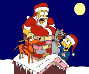 Rompicapo di Homer e Bart Simpson aiutare Babbo Natale con doni