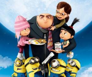 Rompicapo di I protagonisti del film Cattivissimo me. Il supercattivo Gru e servitori Minions; e Margo, Edith e Agnes, tre ragazze orfane