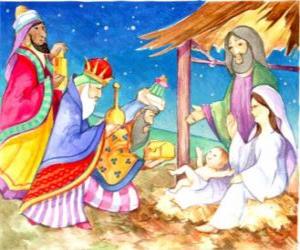 Rompicapo di I Re Magi che fornire i loro doni, oro, incenso e mirra, il Bambino Gesù
