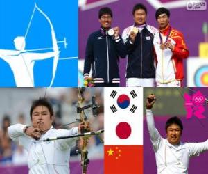 Rompicapo di Individuale di tiro con l'arco di podio uomini, Oh Jin-Hyek (Corea del sud), Takaharu Furukawa (Giappone) e del compositore Dai (Cina) - Londra 2012-