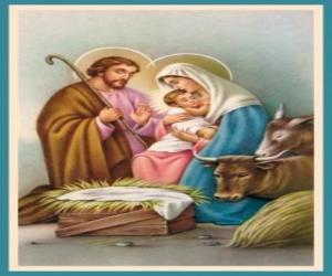 Rompicapo di La Sacra Famiglia - San Giuseppe, la Madonna e il Bambino nella mangiatoia con il bue e il mulo