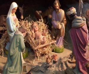 Rompicapo di La Santa Famiglia nella stalla con il bue e il mulo, un pastore con una pecora e un re che i loro doni a Gesù