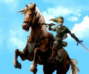 Rompicapo di Link a cavallo con una spada in le avventure di The Legend of Zelda videogioco