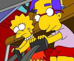 Rompicapo di Lisa lungo migliore amico Brat, Milhouse giocando con i pedali della macchina