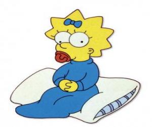 Rompicapo di Maggie la bambina seduta su un cuscino con un ciuccio in bocca