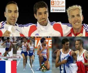 Rompicapo di Mahiedine Mekhissi-Benabbes campione 3000 m siepi, Bouabdellah Tahri e Jose Luis Blanco (2 ° e 3 °) di atletica leggera Campionati europei di Barcellona 2010