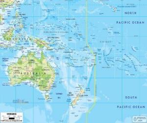 Rompicapo di Mappa di Oceania. Continente formato da Australia e altre isole e arcipelaghi dell'Oceano Pacifico