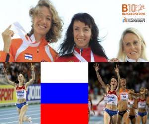 Rompicapo di Maria Savinov campione a 800 m, Yvonne Hak e Jennifer Meadows (2 ° e 3 °) del Barcellona Campionati europei di atletica leggera 2010