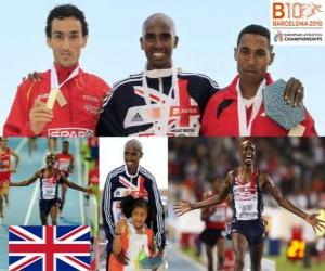 Rompicapo di Mo Farah campione 5000m, Gesù Spagna e Hayle Ibrahimov (2 ° e 3 °) dei Campionati di atletica leggera di Barcellona 2010 l'Europa