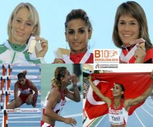 Rompicapo di Nevin Yanit campionessa nei 100 ostacoli, Derval O'Rourke e Carolin Nytra (2 ° e 3 °) di atletica leggera Campionati europei di Barcellona 2010