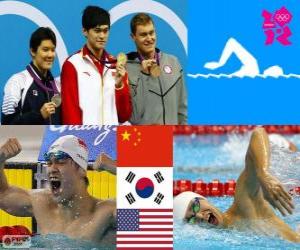 Rompicapo di Nuoto 400 m stile libero maschili, Sun Yang (Cina), Park Tae-Hwan (Corea del sud) e Peter Vanderkaay (Stati Uniti) - Londra 2012 - podio