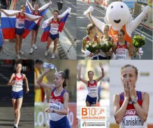 Rompicapo di Olga Kaniskina campione di 20 km a piedi, Anisia Kirdiapkina e Vera Sokolova (2 ° e 3 °) di atletica leggera Campionati europei di Barcellona 2010