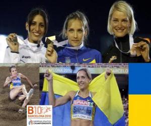 Rompicapo di Olha Saladuha campione del salto triplo, Simona La Mantia, Svetlana Bolshakov (2 ° e 3 °) del Athletic Campionati Europei di Barcellona 2010