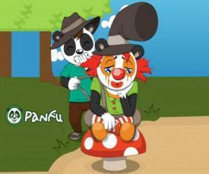 Rompicapo di Panfu clown seduto su un fungo, mentre un altro panda fastidioso