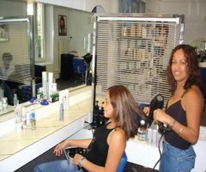 Rompicapo di Parrucchiere pettinatura e l'asciugatura i capelli ad una cliente nel salone di bellezza o il parrucchiere