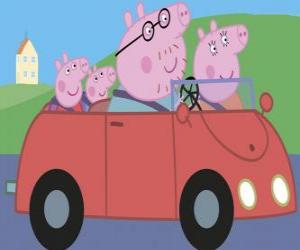 Rompicapo di Peppa Pig con la sua famiglia in macchina: papà Pig, mamma Pig e George Pig, il suo fratello giovane