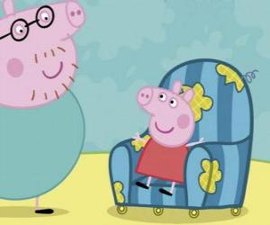 Rompicapo di Peppa Pig seduto sulla vecchia sedia di suo padre