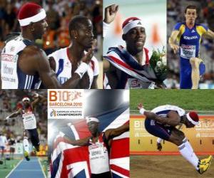 Rompicapo di Phillips Idowu campione del salto triplo, Marian Oprea e Teddy Tamgho (2 ° e 3 °) di atletica leggera Campionati europei di Barcellona 2010