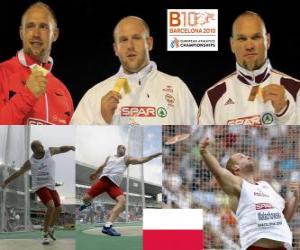 Rompicapo di Piotr Malachowski campione discus, Piotr Malachowski e Robert Fazekas (2 ° e 3 °) di atletica leggera Campionati europei di Barcellona 2010