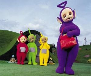 Rompicapo di Po, Laa-Laa, Dipsy e Tinky Winky, con la sua borsa rossa di fronte a casa tua