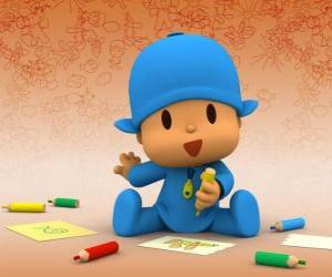 Rompicapo di Pocoyo seduta per terra e fare un disegno su un foglio di carta