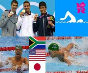 Rompicapo di Podi nuoto 200 m farfalla uomini, Chad le Clos (Sud Africa), Michael Phelps (Stati Uniti) e Takeshi Matsuda (Giappone) - Londra 2012 - podio