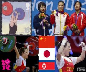 Rompicapo di Podio 48 kg femminile sollevamento pesi, Wang Mingjuan (Cina), Hiromi Miyake (Giappone) e Ryang Chun-Hwa (Corea del Nord) - Londra 2012-