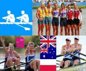 Rompicapo di Podio canottaggio 2 di coppia femminile, Anna Watkins, Katherine Grainger (Regno Unito), Kim Crow, Brooke Pratley (Australia) e Magdalena Fularczyk, Julia Michalska (Polonia) - Londra 2012-