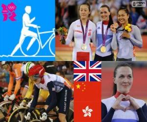 Rompicapo di Podio ciclismo su pista Keirin femminile, Victoria Pendleton (Regno Unito), Guo Shuang (Cina) e Lee Wai-Sze (Hong Kong) - Londra 2012-