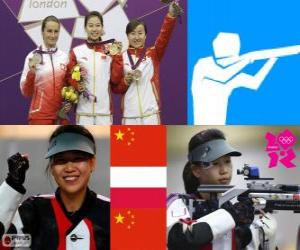 Rompicapo di Podio di tiro, carabina ad aria 10 m femminile, Yi Siling (Cina), facile Bogacka (Polonia) e Yu Dan (Cina)