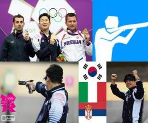 Rompicapo di Podio di tiro, gli uomini 10 m pistola aria compressa, Jin Jingoh (Corea del sud), Luca Tesconi (Italia) e Andrija Zlatić (Serbia)